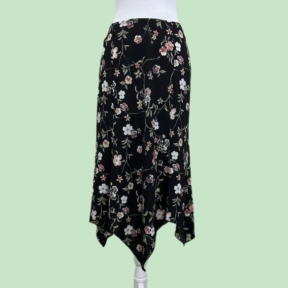 black floral vintage 90s midi skirt with asymmetric hem - Picture 1 of 7